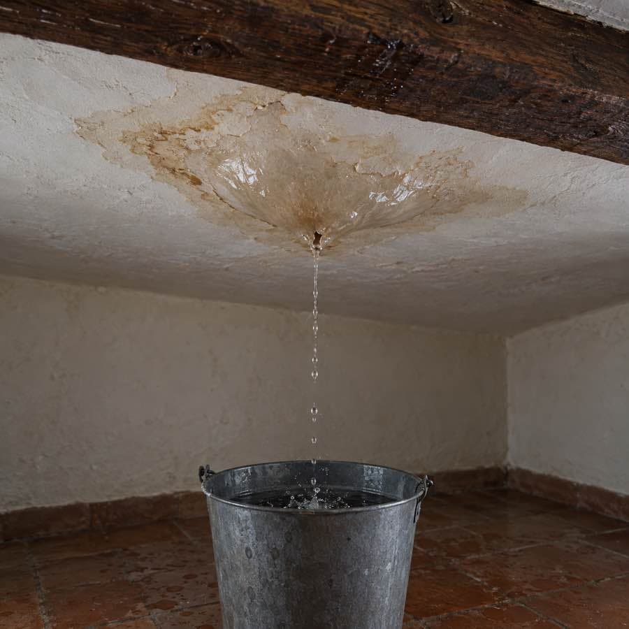 Eau qui coule d'un plafond gonflé par une infiltration, seau posé dessous