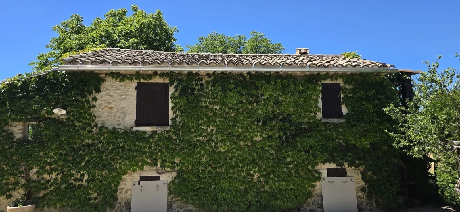 Mas en pierre couvert de vigne vierge, gouttière en zinc sous la rive de toit
