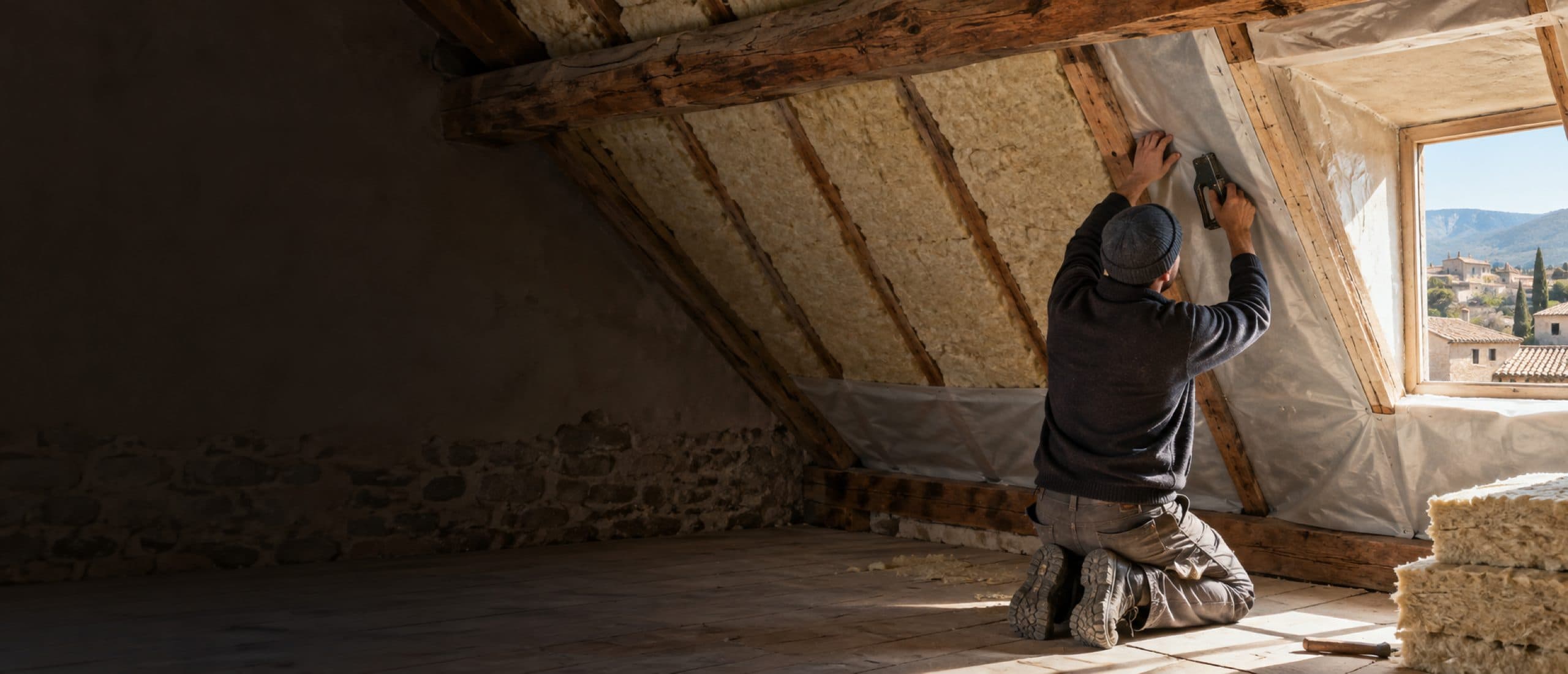 Combles provençaux sous rampants avec isolant posé entre chevrons