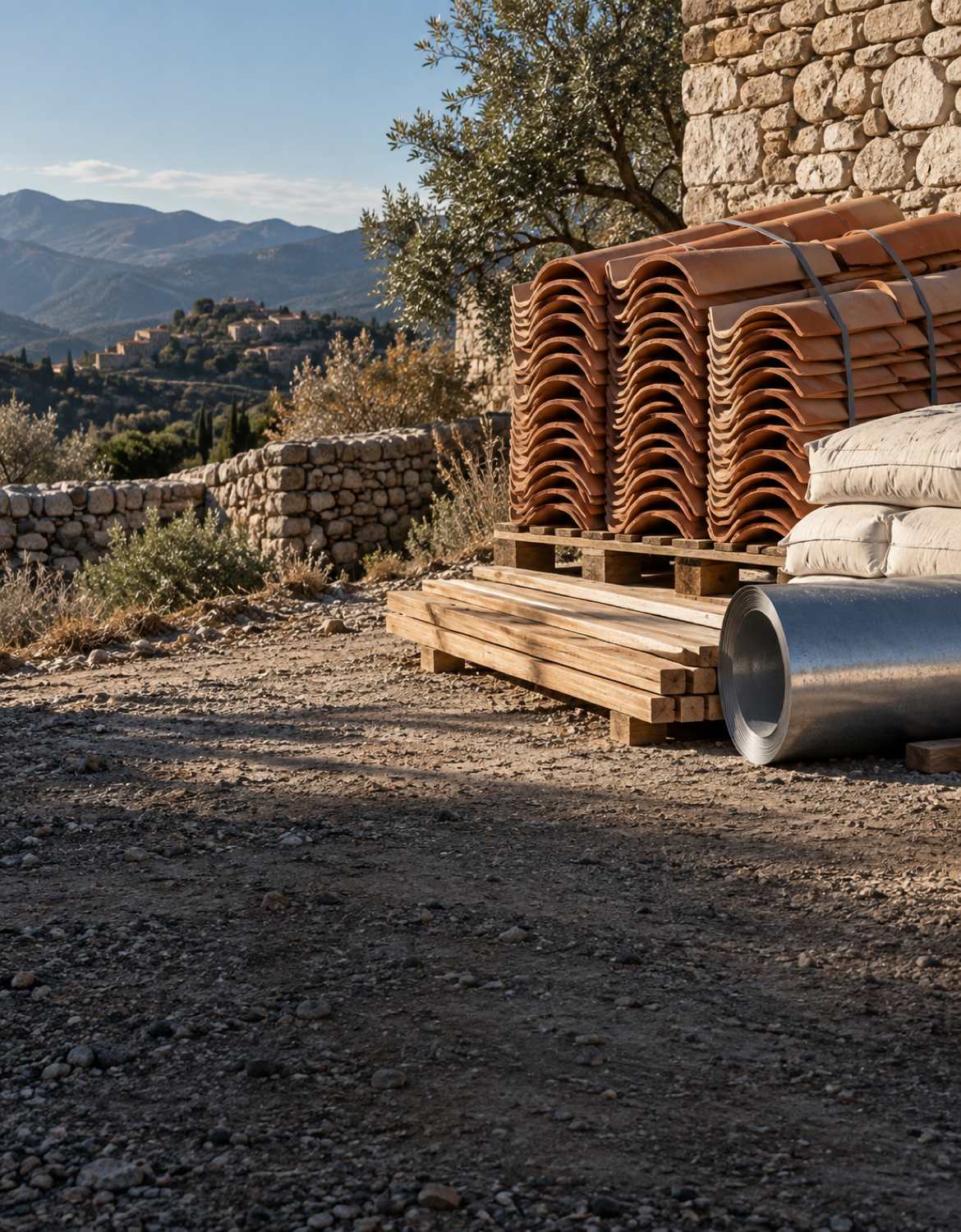 Matériaux de couverture rangés sur un chantier, tuiles et zinc
