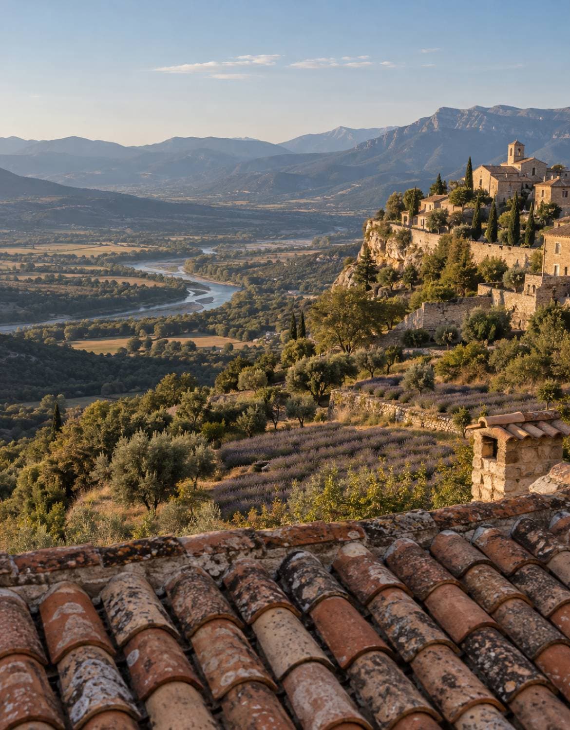 Vue sur la vallée de la Durance depuis une toiture en tuile canal